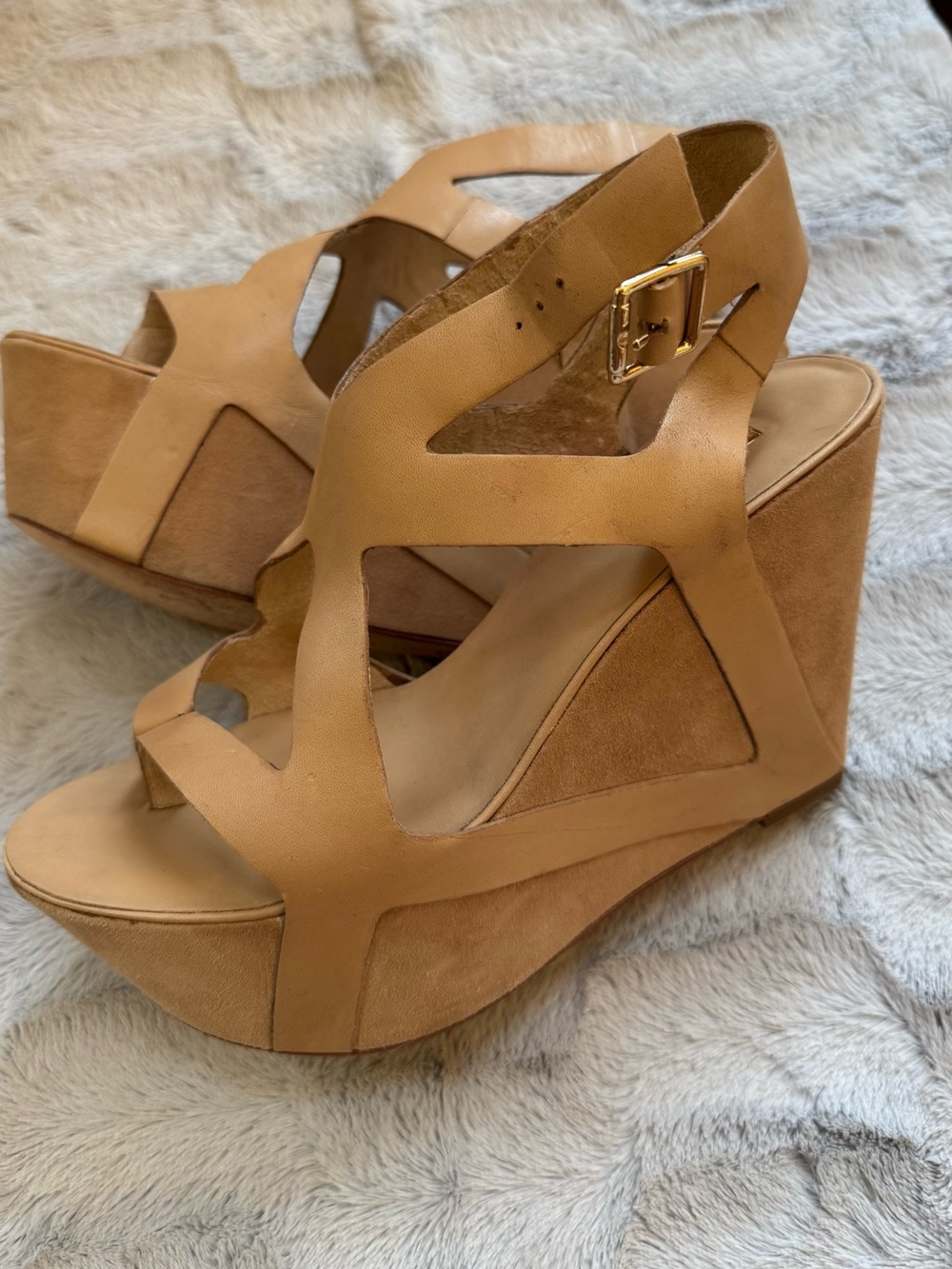 Opening Ceremony Tan Cutout Leather Wedge Sandals